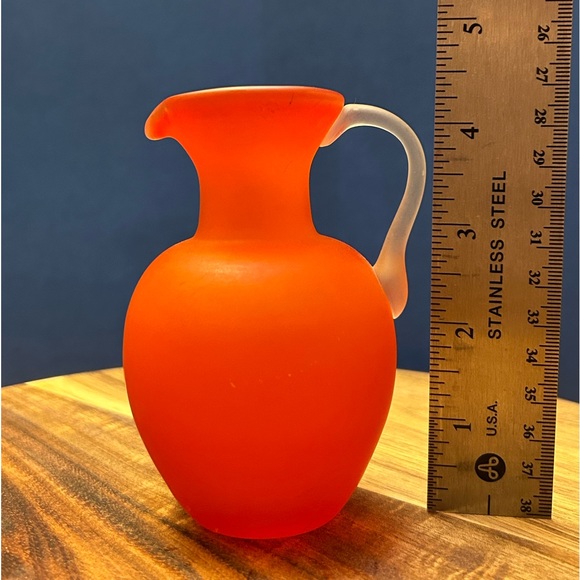 Satin Glass Hand Blown Orange Pitcher with Clear Attached Handle 4.5” X 2.5” - Picture 3 of 6